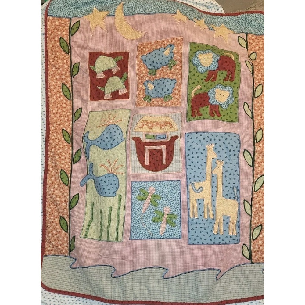 Vintage Noah's Ark Baby Crib Quilt Blanket NoJo Cotton Nursery Stars Moon Whale